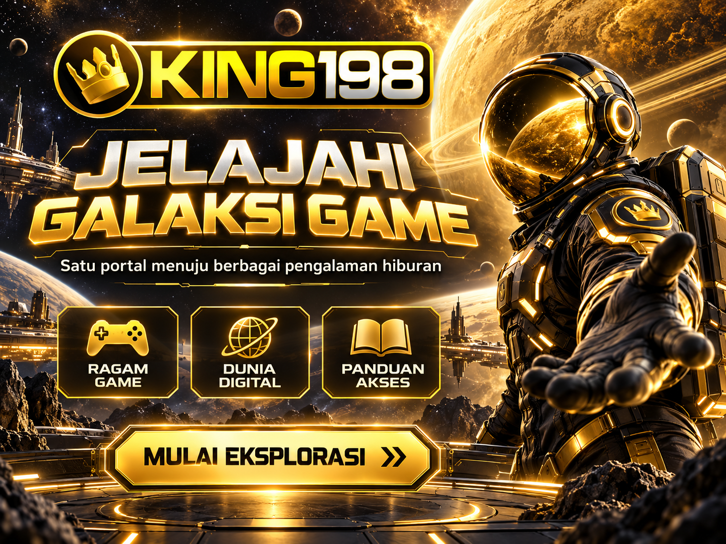 Banner KING198 space fantasy dengan astronaut, planet bercahaya emas, dan nebula gelap.